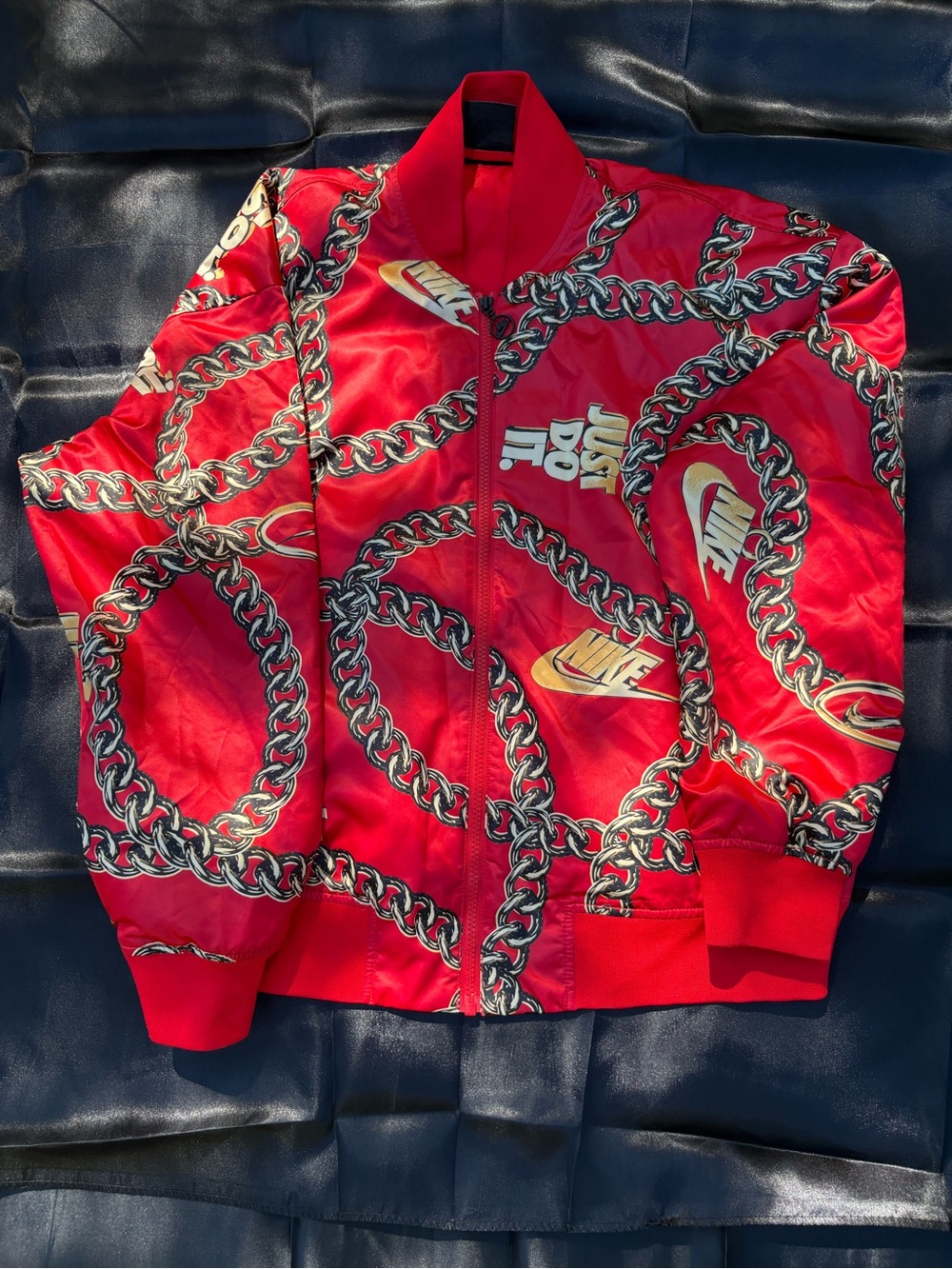 Nike Kids Red Chain-Print Bomber Jacket with Logo Accents